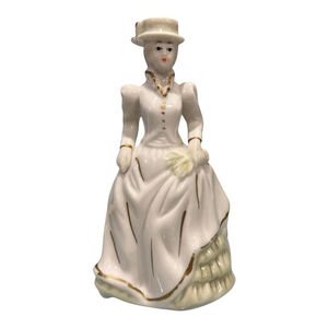 K's Collection Porcelain Victorian Lady Figurine White Gold Trim Dress Decor